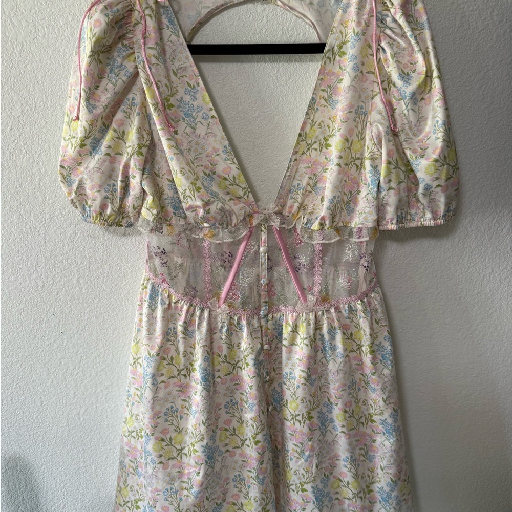 For Love & Lemons Floral Lace-Trim Puff Sleeve Midi Dress in Pastel Pink NWT